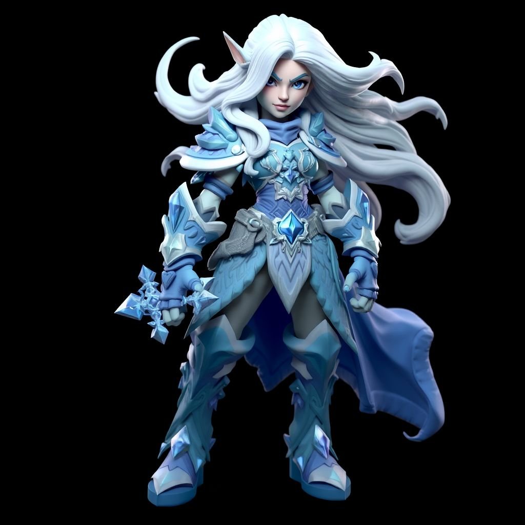 Create a battle woman hero called Alvara the Frostheart. Show full body head to toe including shoes