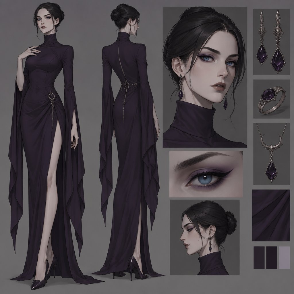 Female,tale,pale,beautiful,very call expression,mysterious,black hair in a neat bun,bright blue eyes, wearing a dark purple long turtleneck dress,high heels, eye liner,dark purple eye shadow,wearing jewelry