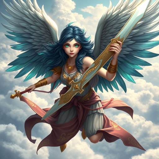 A teenage girl. Pale skin, glowing emerald eyes, angelic wings and Roman goddess clothing. Hair as black as coal with cyan tips holding a legendary sword flying above the clouds