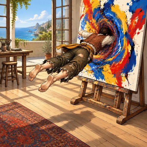 a painting of a man laying on a easel