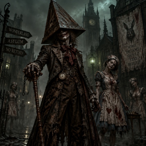 Silent Hill with pyramid head and the nurses with an Alice and wonderland spin with mad hatter as pyramid head