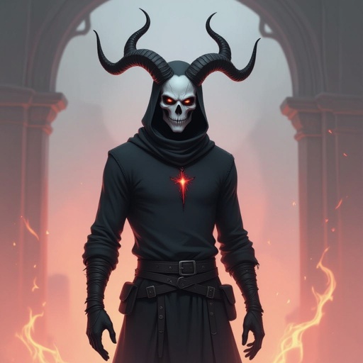A tall, shadowy figure with a gaunt, skeletal build.his face is strangely angely blank — hollow black eyes and a wide, unsettling not so smile carved into his skull-like head. He usually wears a dark sweater that makes him look more like a silhouette than a person. His hands heave a hole in middle of them, long-fingered His body glows faintly, like a pale-red flame. He doesn’t look solid; his whole form has a dreamlike, spectral shimmer. He also wears a scarf with a skin like color, A traditional hunter’s garb: dark leather armor fitted close to the body, giving a lean, predatory silhouette. Across the shoulders, instead of a full cloak, hangs a half-cape — short, rugged, and tattered at the edges, as if it’s been dragged through battles and storms. Sprouting from his head are two long, curved horns — thin and tapering, arcing outward like antennae crossed with blades. They give him an almost regal or sage-like silhouette, setting him apart from the other warrior spirits.