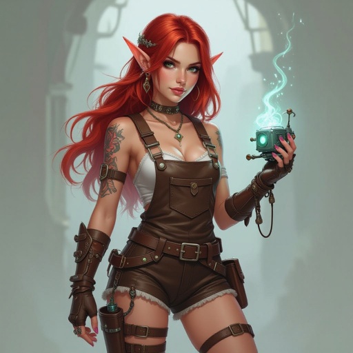 Red Head Half Elf Female Artificer in small leather short overalls NO TATTOOS with Tiny Robot Construct