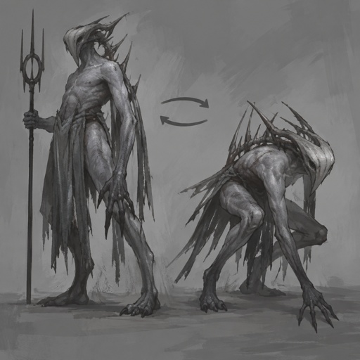 position swapping grey scary guardian humanoid creature