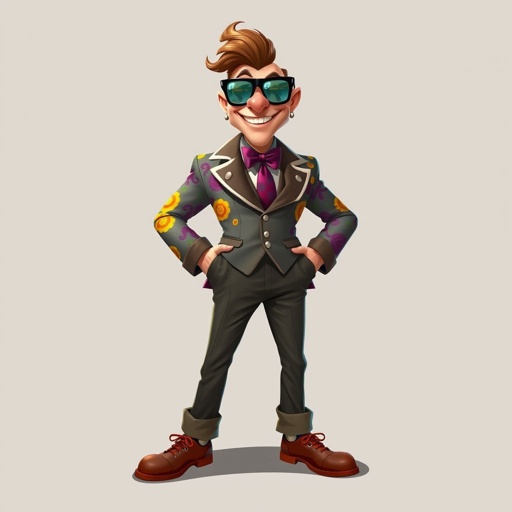 Create a funny arrogant character , showing him head to toe like his whole outfit 