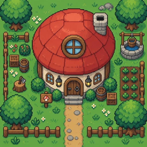 Cute red round House for a modern fantasy game, top down style
