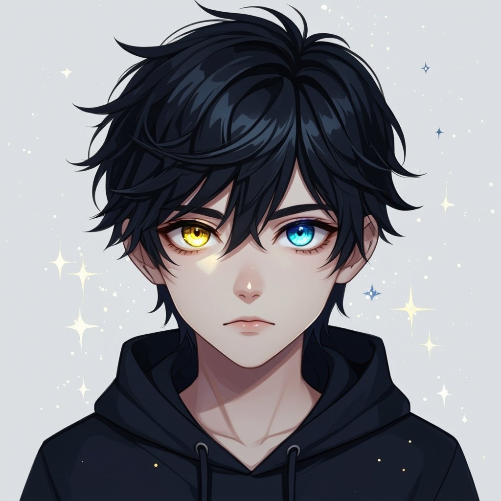 Dark mysterious character teenager boy,with a golden eye and bluish greenish eye 