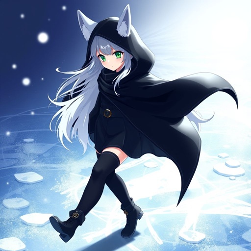 A teenage girl with pale skin wearing a royal black top and trousers with a hood, long hair as white as snow and small fox ears with emerald eyes walking on ice on the water