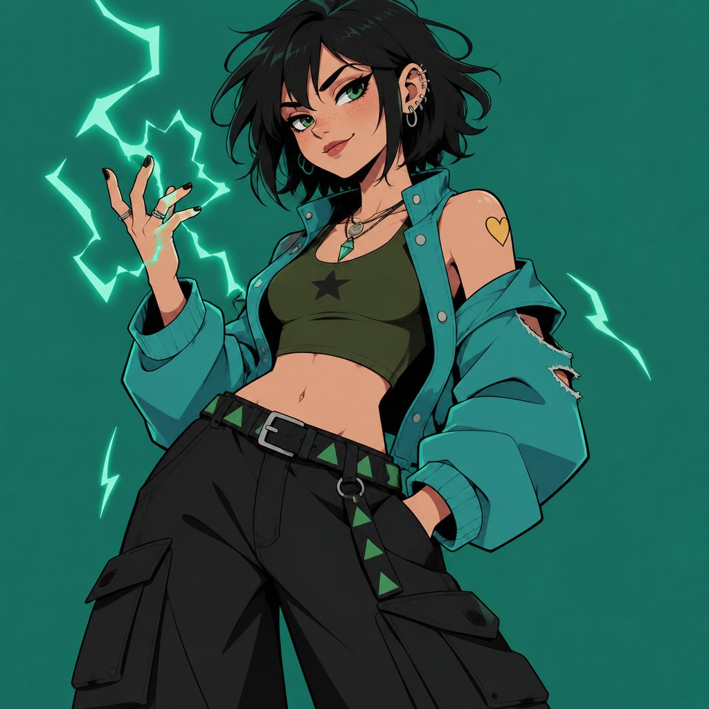 Female, teen, freckles, dark green eyes, cyan ray shadow, ear piercings, smirking, black neck length messy hair, bangs on one side of face, cyan jacket with shoulder holes, green crop top, yellow heart tattoo on shoulder, baggy pants, belt with dark and light green triangles, necklace, lightning powers