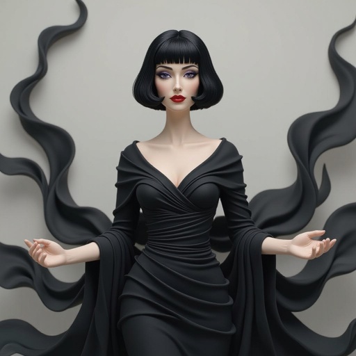 Create A lithe, mysterious woman draped in layered black silks that move like smoke around her. Her jet-black hair is cut sharp to her jawline, and her violet eyes seem to pierce through darkness.