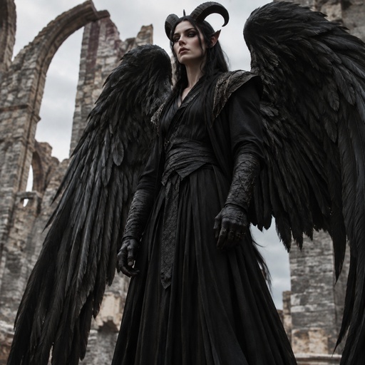 a woman dressed in black with large black wings