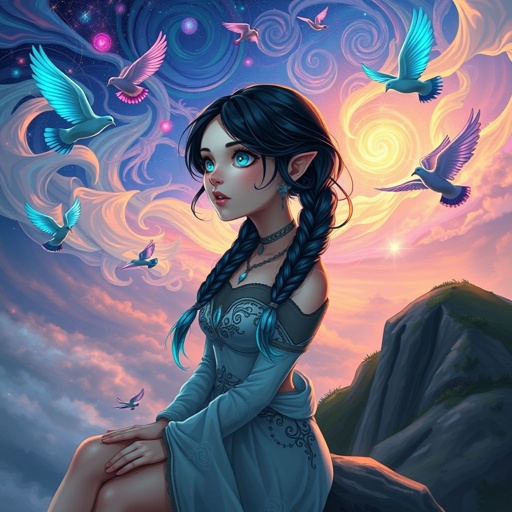 A young female with fair skin and vibrant teal eyes. Black hair with cyan tips in the form of two short braids. Wearing a goddess two-piece outfit (top and trousers) sitting on a hill watching pigeons fly from a very far distance