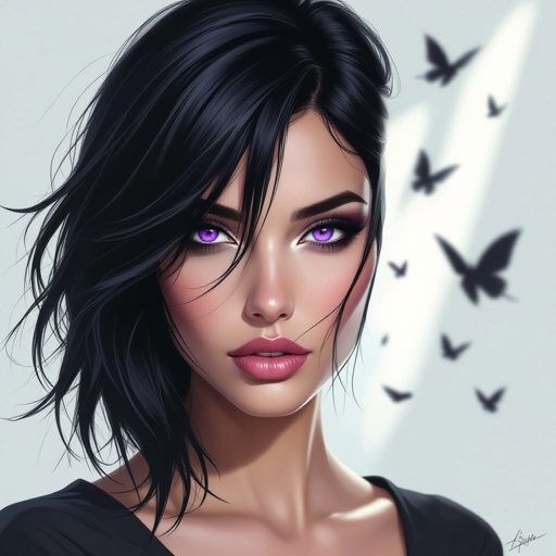Create mysterious woman jet-black hair is cut sharp to her jawline, and her violet eyes seem to pierce through darkness. A shadowy aura clings to her form, faint shapes shifting and flickering behind her like whispers of another realm.