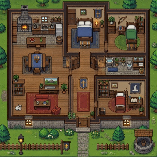 Three person house, items, for a modern fantasy game, top down style, shading and highlights