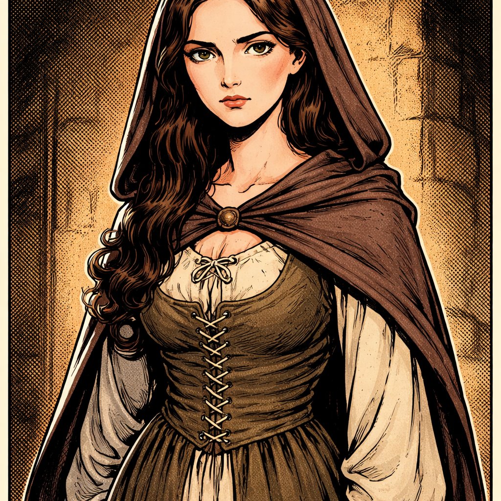 Asymmetric Realistic, no speech bubbles, a tall modest brunette in plain renaissance robes. She is very serious