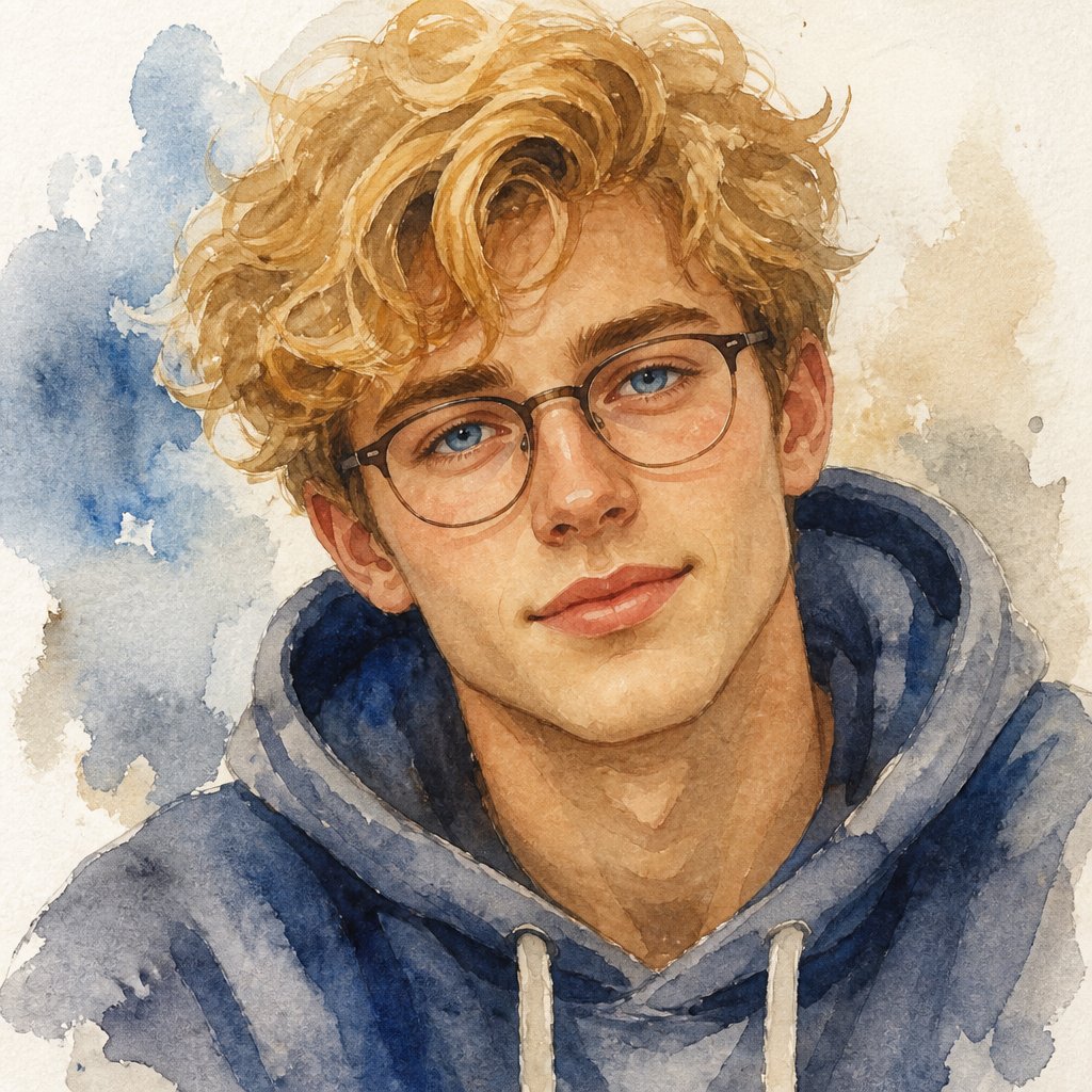 Young male in 20s with wavy blond hair and blue eyes with a hoodie wearing glasses