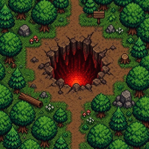 Pit with a red glow coming out of it in middle of forest for a fantasy game set in modern times, exterior, top-down style