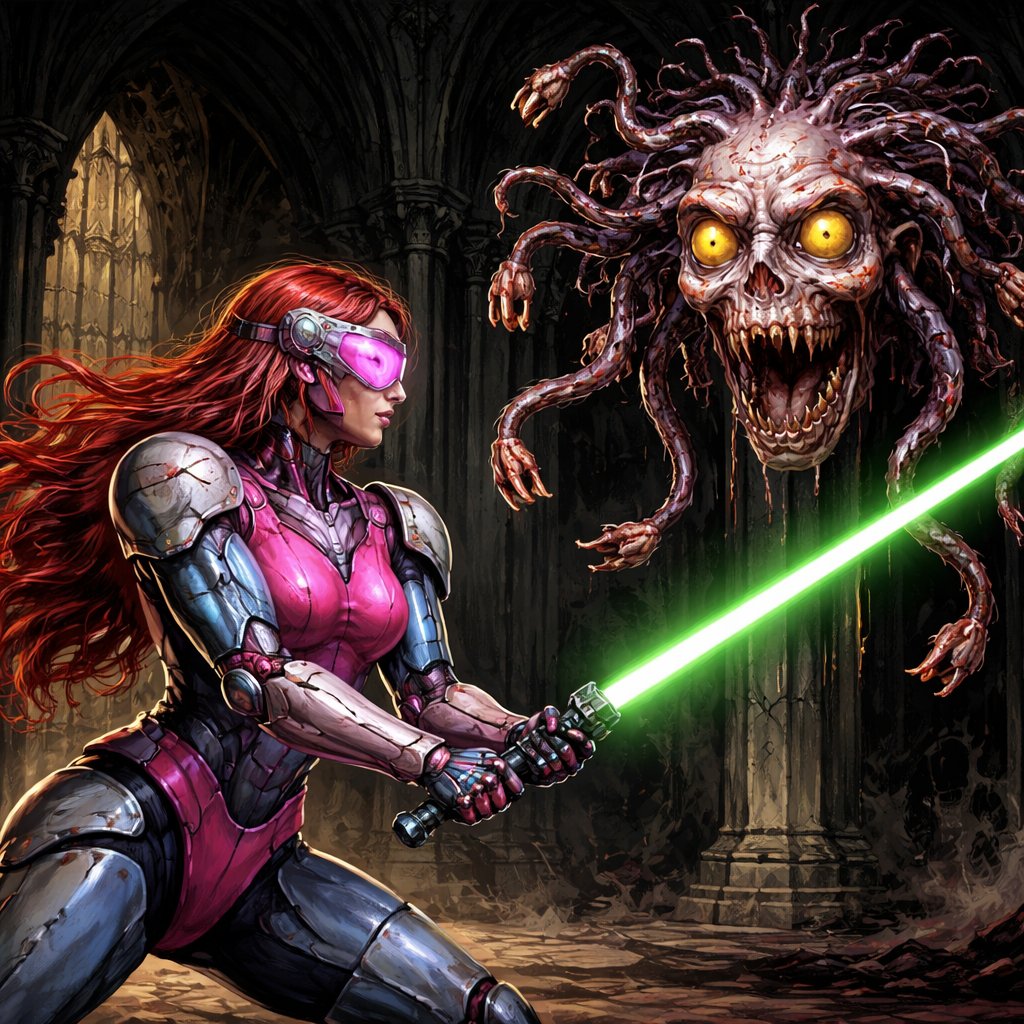 A female robot red hair pink visor pink and blue uniform with silver shoulder pads holding a lightsaber green blade she is fighting a head hair with eyes tentacles with fingers