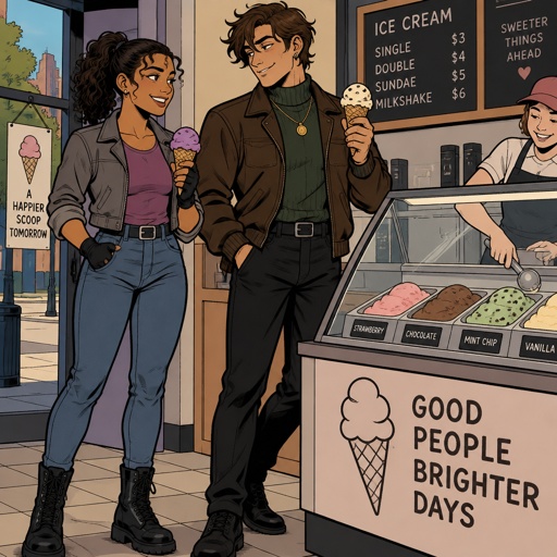 Female, tan skin, brown eyes, pointy nose, curly ponytail, curl in the middle of her forehead, grey jacket rolled up sleeves, jeans, boots, purple shirt, gloves, Male, brushed back slightly messy brown hair, two hair strands in face, brown eyes, brown nice jacket, green turtleneck, earrings, gold necklace, black pants, nice shoes, smirk, both getting ice cream