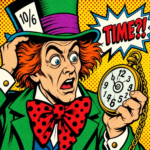 The mad hatter is checking his pocket watch that is going crazy