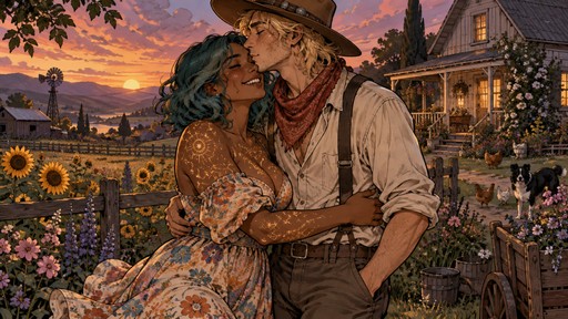 Vivid sketchy fantasy comic-book like D&D concept art of a man playfully kissing a woman on the forehead in a flowering farm field in front of a farmhouse at dusk. the woman is tall, toned, curvy, and gentle with wavy bobbed teal hair, dark tan skin, freckles, a straight nose, brown eyes, and all encompassing glittering constellation tattoos, wearing a soft colorful flowy country dress. she giggles and hugs her friend. the man is tall, gentle, and sweet with a blonde messy mullet, soft green eyes and freckles, wearing a cowboy hat and vibrant farm clothes.