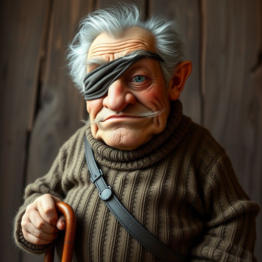 Create a grouchy funny old character who has 1 eye patched. Make him fat with a cane. Show his whole character head to toe in image 