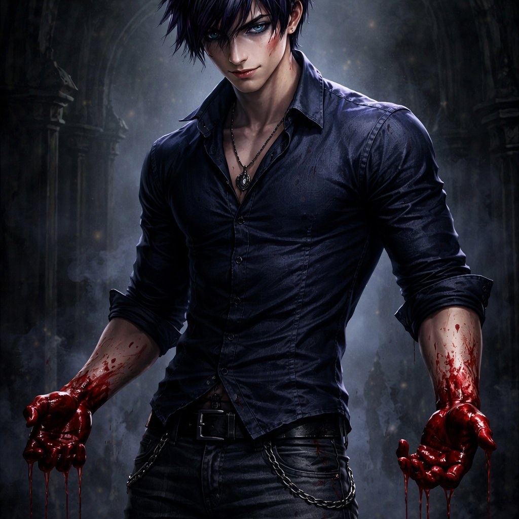 An 18 year old prince who has black hair with purple stripes and has blue eyes. He is wearing a blue shirt and jeans. He looks strong and confidant. His hands are covered in blood and he is smirking.