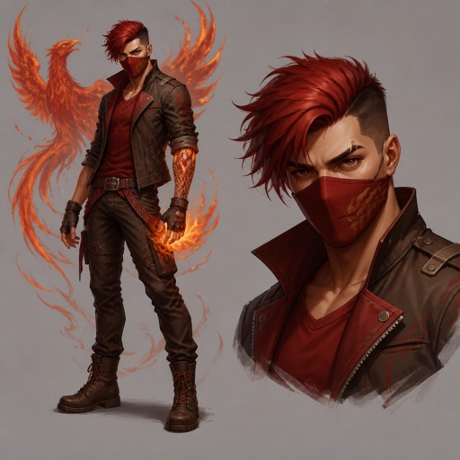 Young man, red hair that is swooped over to the left side and a little longer, brown eyes, intense eyes, left eye brow is shaved in middle, wears sleeves red shirt and sleeves brown jacket, brown pants, fingerless gloves and boots wears a red mask, can use fire power, a tattoo of a phenix with the color of fire, related to the super hero family called the fire phenix family, has a scar across his lips, protects the town he lives in