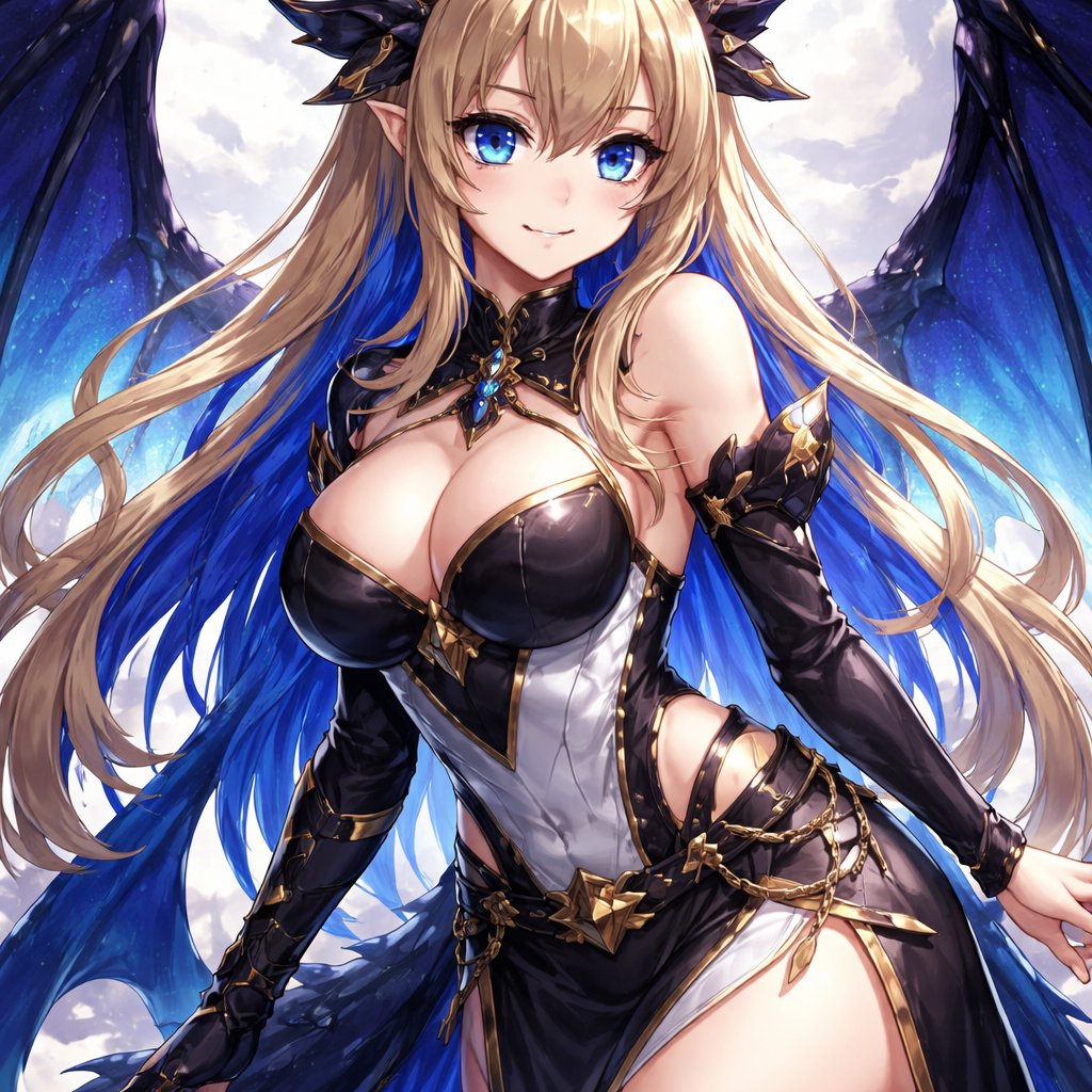 White female with blue eyes and dirty blond hair with a hint of royal blue and finally have dragon horns and wings