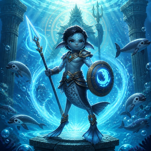 a cartoon character holding a spear and a shield