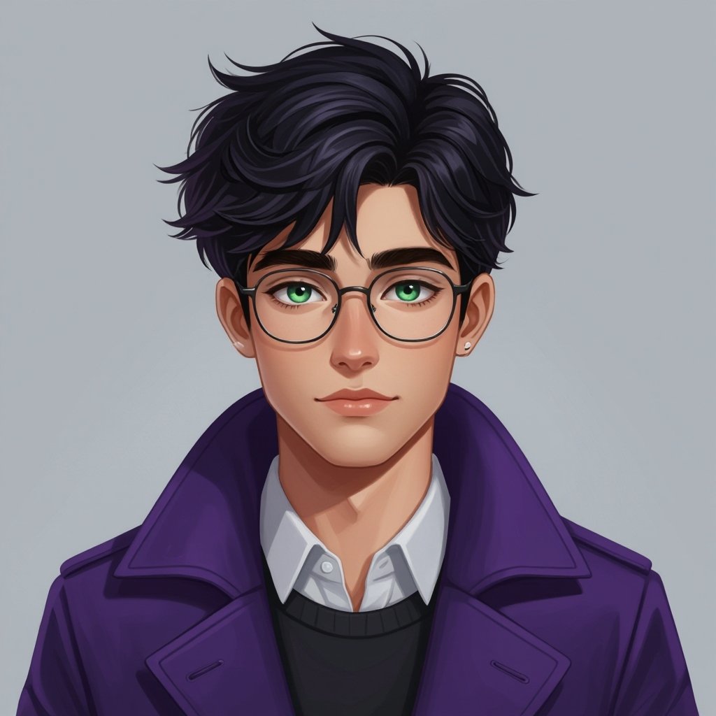 Male 17-year old Dark hair with greenish bluish eyes wears purple longcoat glasses slightly chubby cheeks