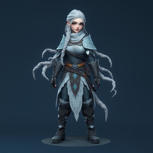 Create character hero Alvara the Frostheart – A tall, beautiful battle-hardened woman. Her long silver hair flows in braids Show her whole body head to toe including her shoes.