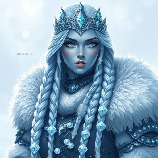 Create a character head to toe showing the whole character, meaning legs feet body face everything: A tall, battle-hardened woman with pale, icy-blue skin. Her long silver hair flows in braids tipped with frozen beads. She wears heavy, fur-lined armor made from the hides of snow beasts. Her eyes glow faint blue. A frost-shaped crown rests lightly on her head.
