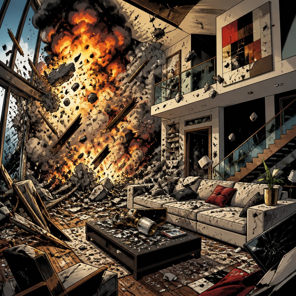 No speech bubbles vivid colours no print dots. The interior of a contemporary high-end living room completely destroyed by an explosion.