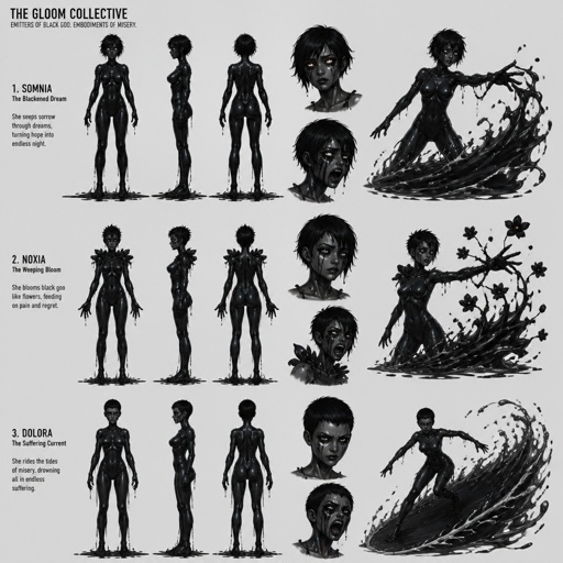 Female super Villian with black goo abilities,completely black goo body, misery,short hair, multiple of the same character 