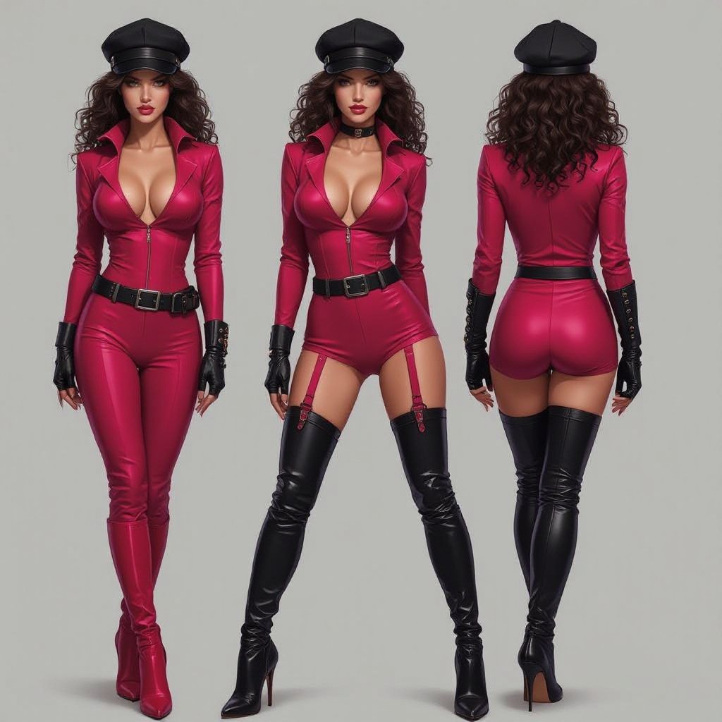 Dark Brown Frizzy Haired Spy Thief in a Tight Hot Pink Bodysuit Dark Red Thigh High Pump Boots. Black Biker Gloves. Black and Red Newsboy Cap. Matching Red open Vest to her boots