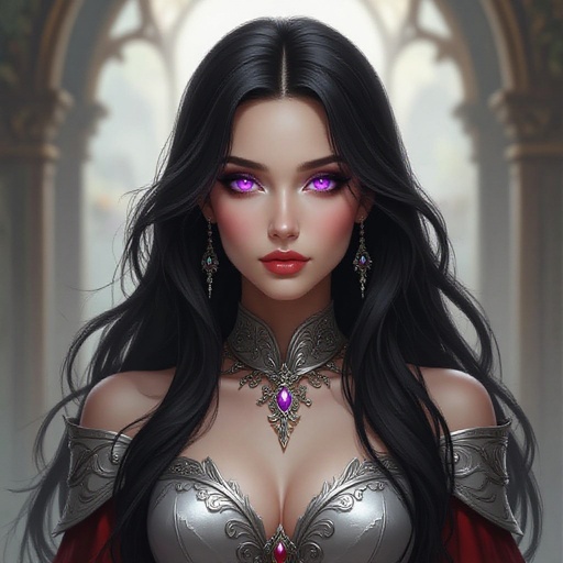 Long dark hair, purple eyes, pale skin, lean, wearing silver and red dress.