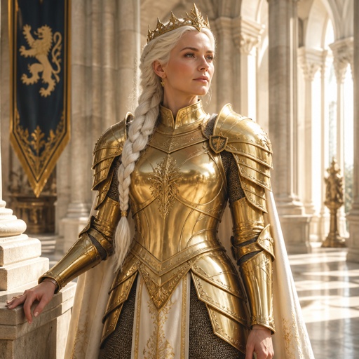 A queen with white long hair in a braid in gold armour