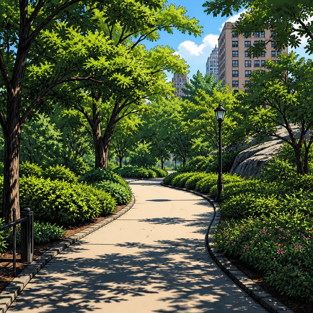 Vivid colors, highly realistic no speech bubble no print dots a walking path in front of us which curves behind a group of lovely trees park setting no people midday treason bushes in the walking path