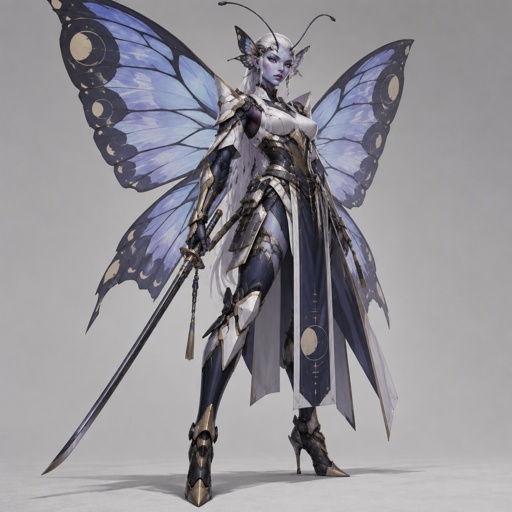 A gorgeous alien butterfly woman in a futuristic space samurai armor. Show whole body. 