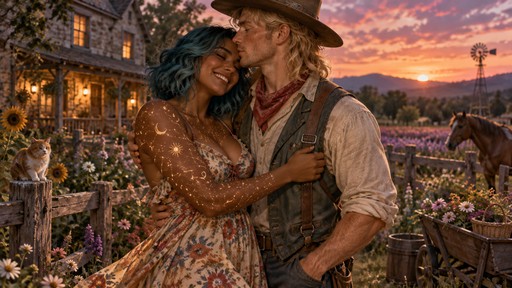 Vivid semi-realistic fantasy D&D concept art of a man playfully kissing a woman on the forehead in a flowering farm field in front of a farmhouse at dusk. the woman is tall, toned, curvy, and gentle with wavy bobbed teal hair, dark tan skin, freckles, brown eyes, and all encompassing glittering constellation tattoos, wearing a soft colorful flowy country dress. she giggles and hugs her friend. the man is tall, gentle, and sweet with a blonde messy mullet, soft green eyes and freckles, wearing a cowboy hat and vibrant farm clothes.