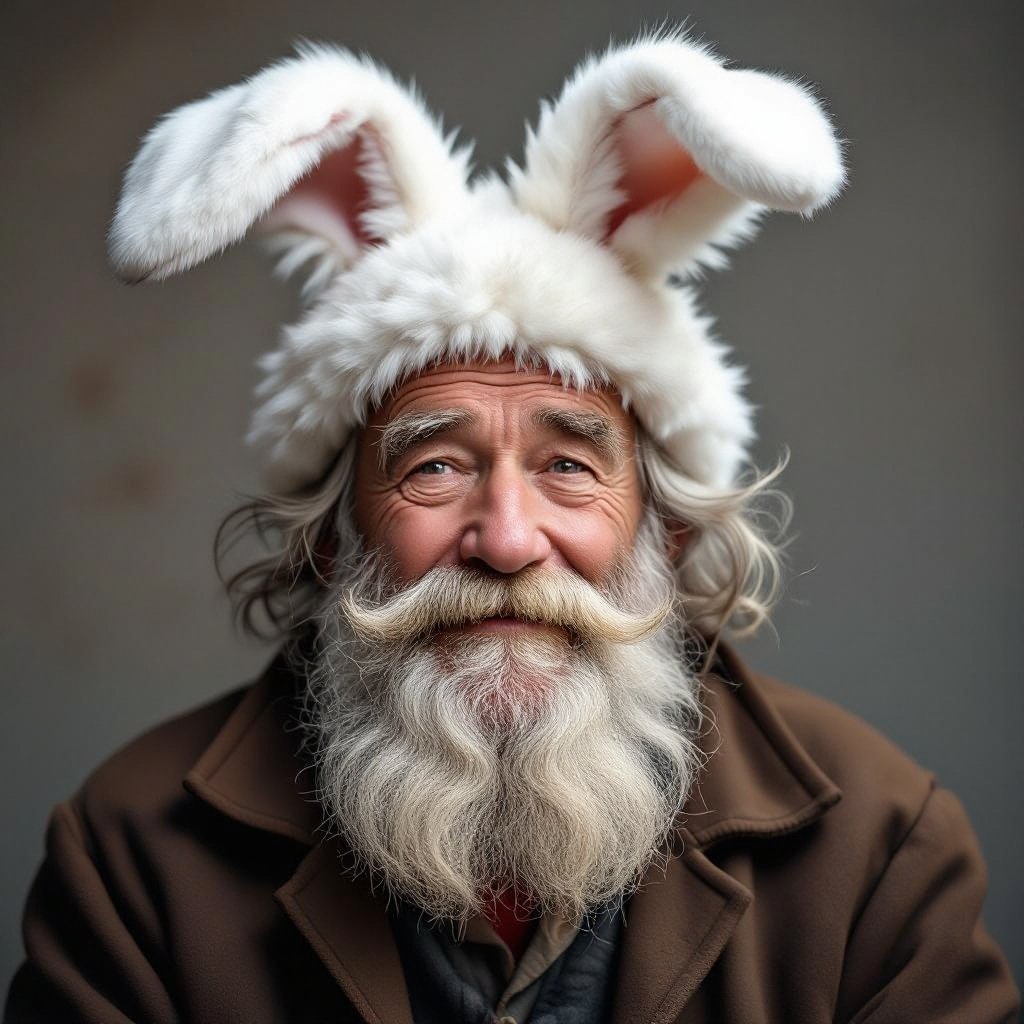 A old man with a beard and white rabbit ears