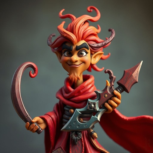 Create a character: Rhen the Fire-Singer – A lean, muscular man with sun-kissed bronze skin and ember-like eyes. His hair is a wild mane of deep crimson. He wears layered, flowing desert robes dyed in warm reds and golds, with scorch marks where flames have licked them. A curved blade hangs at his hip.