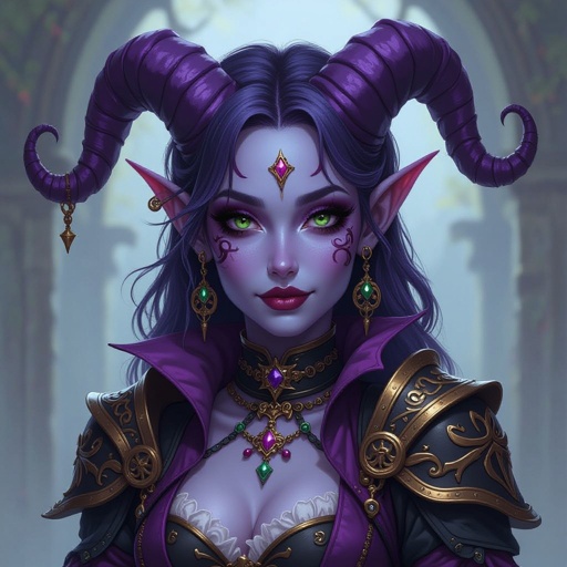 Female Tifling eldrich knight with purple skin, big black eyes and dressed as a jester/clown 
