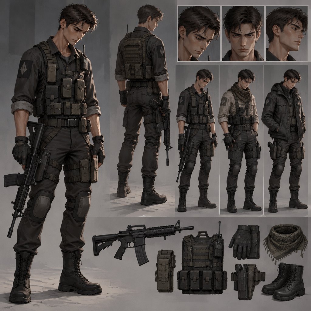 a character sheet of a man with a gun