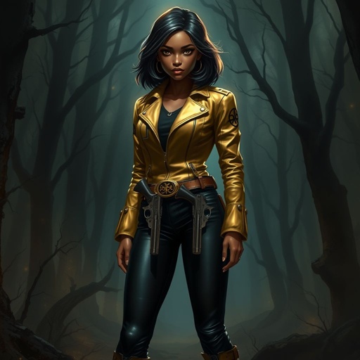 A teenage African American female with shoulder length hair  in a side part style wearing an armored gold leather jacket with black accents black leather pants and gold boots with a gun belt and two guns on her hips