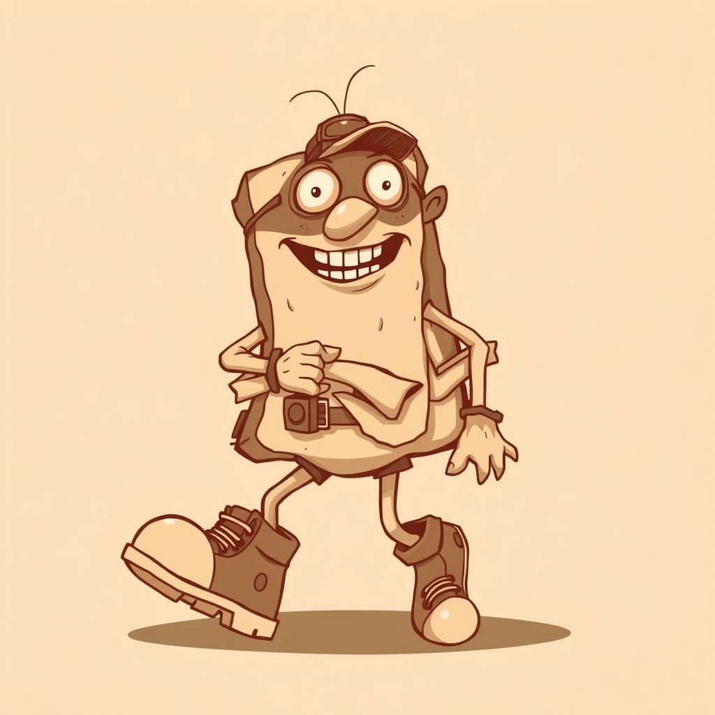 Create a funny looking clumsy sandwhich thief with funny shoes on. Make him have on the bandit black thing around his eyes
