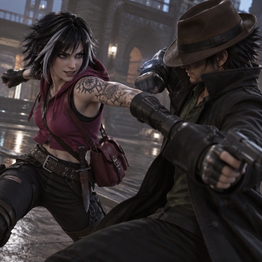 Female, black jagged hair cut, neck length, white strands, two lip piercings, blue eyes, magenta sleeveless hoodie, dark magenta satchel, belt with knife attached, gloves, tattoos on both arms, smirk, Male, brown fedora that covers eyes, black back hair spiky, black trench coat with upturned collar, green shirt, holding gun, fighting the other