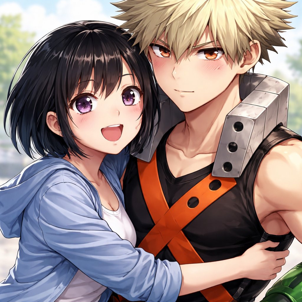 A Twenty four year old Girl with short black hair and violet eyes hugging adult Katsuki Bakugou from my hero academia
