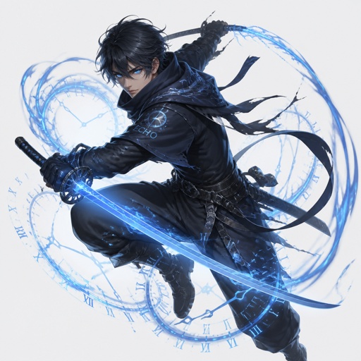 male assassin name echo, time power, light blue eyes, blue shadow katana, a moment in time
